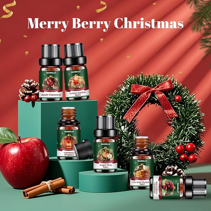 Christmas Fragrance Oil Set, 6 Premium Holiday Essential Oils for Diffuser, Candle Making - Caramel Pumpkin Swirl, Apple Cinnamon, Merry Berry Christmas, Christmas Fireplace Scented Oil Gift Set