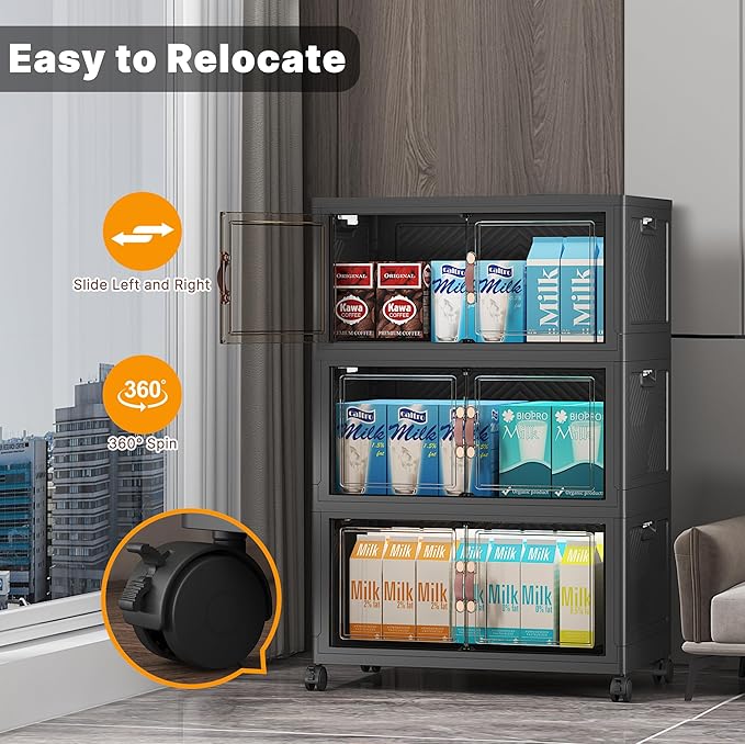 Stackable Storage Bins with Lids, Closet Organizers and Storage with Doors and Wheels, Extra Large Storage Cabinet for Bedroom Office Garage (Dark-55qt, 3Pack with 1 top lid)