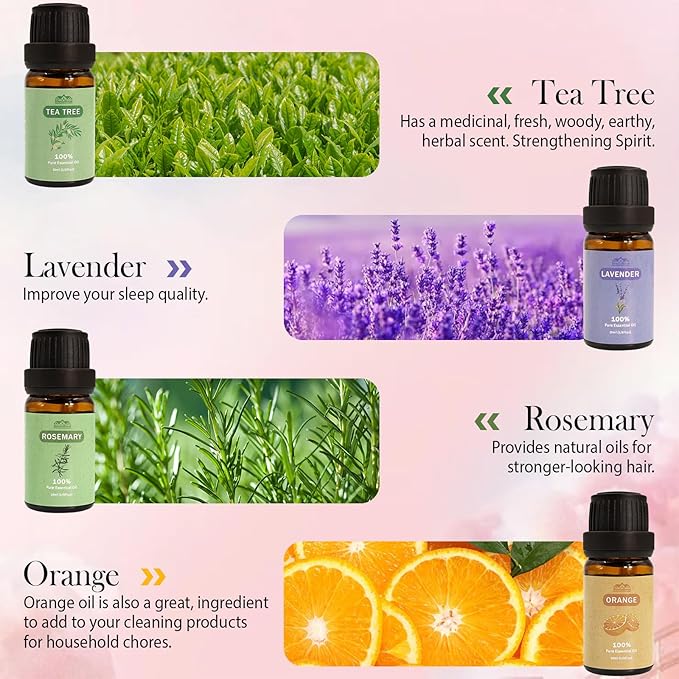 8 Pcs 100% Pure Floral Essential Oils Set for Diffuser, Home Care, Candle, Soap, Clean, Perfume, Laundry - Peppermint, Lavender, Rose, Clove - Organic Aromatherapy for Women and Mom Gift 10ml Each