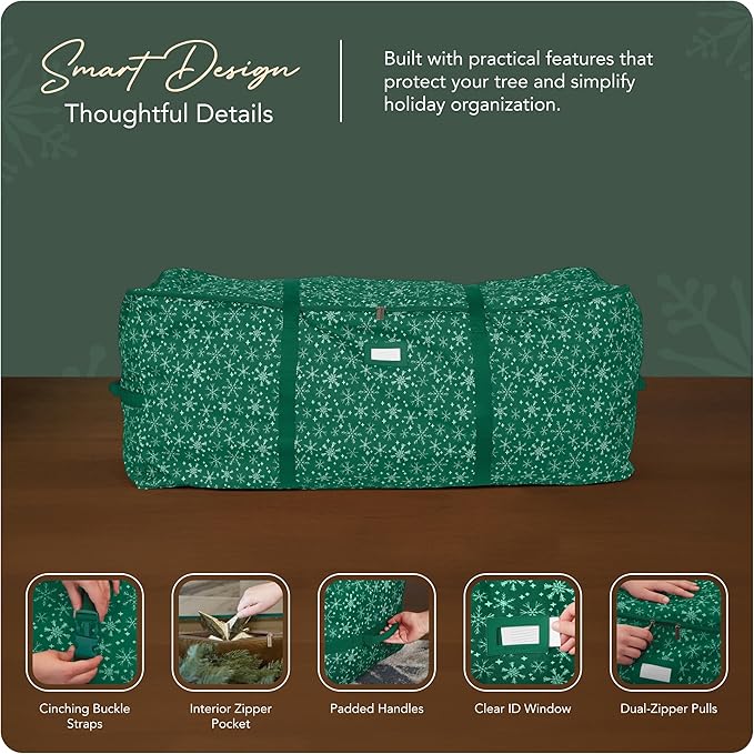 Covermates Keepsakes Christmas Tree Cinch Bag – Durable Polyester Tree Storage with Reinforced Handles & Built-in Cinch Straps – Trees, Lights & Holiday Décor, Green Snowflake