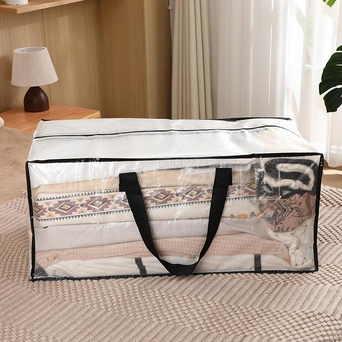 4 Pcs 24 Gallon Extra Large Moving Bags Heavy Duty Storage Bag with Strong Zipper Handle Foldable XXL Jumbo Storage Tote Packing Moving Box for College Dorm Travel Cloth Duffle (Clear)