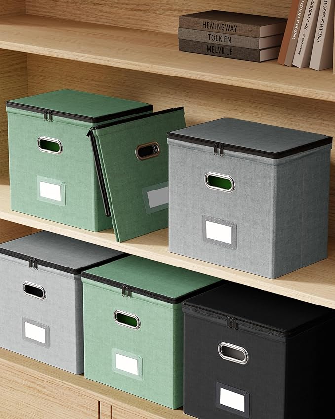 Oterri 2 Pack File Organizer Boxes with Lids, File Box with Mesh Pockets, Document Organizer Box for File Folders Letter Size, Zippers Filing Box for Home, Office, School (Green, Without Folders)