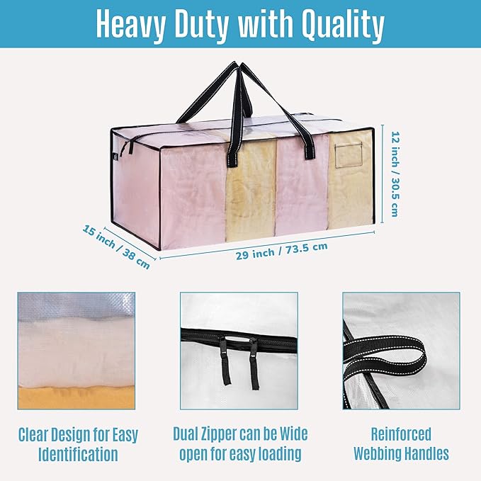 VENO 10 Pack Heavy Duty Moving Bags, Christmas Storage Bins with Lids, Clear Design, Alternative to Moving Boxes, Storage Bags for Clothes, Blankets, Comforters, Pillows, Camping (Clear, 10 Pack)