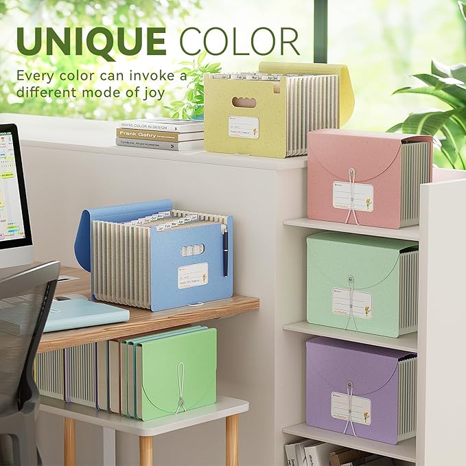 EcoStash Accordion File Organizer, 12-Pocket Wheat Straw Expanding File Folder, Portable Monthly Bill & Tax Receipt Organizer, Letter/A4 Size Document Holder with Colorful Tabs-Mint Green