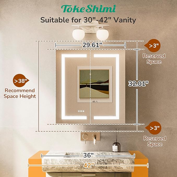 TokeShimi 30x32 Led Medicine Cabinet Mirror with Electrical Outlet, Wall Mounted or Recessed Medicine Cabinet with Light Frontlit, Anti-Fog 3 Colors Dimmable Mirror with Storage for Bathroom