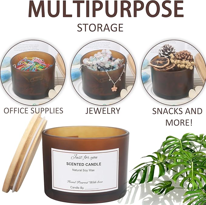 MILIVIXAY 6 Pack 16 oz Candle Jars with Bamboo Lids and Candle Making Kits - 3 Wick Candle Jar,Bulk Empty Frosted Amber Thick Glass Jars for Making Large Candles - Spice, Powder Containers.
