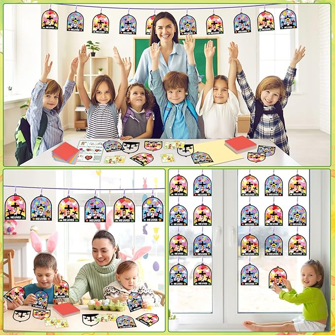 Qyeahkj 36 Set Easter Jesus Cross Suncatchers Crafts for Kids DIY Christian Religion Cross Window Tissue Paper Craft Kit Hanging Decor for School Home Activity Art Project Birthday Party Favor