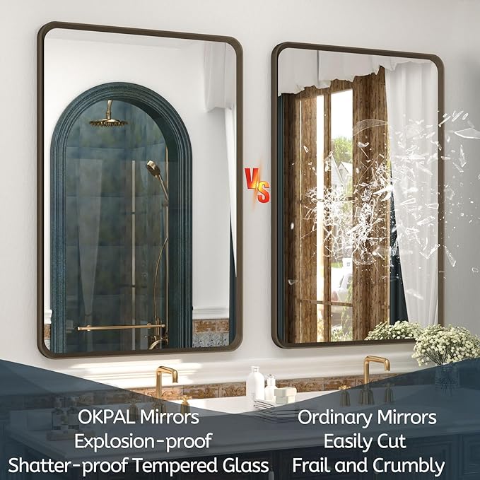 OKPAL 30x36 Bronze Bathroom Wall Mirror, Modern Brushed Metal Framed Mirror for Vanity, Bronze Rounded Rectangle, Anti-Rust, Tempered Shatterproof (Horizontal/Vertical)