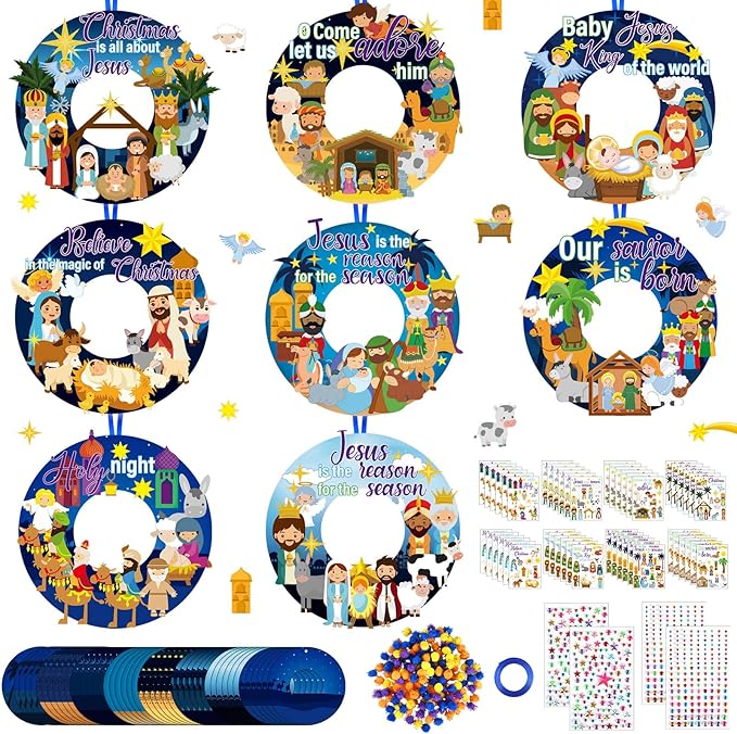 Hollowfly 48 Sets Nativity Crafts Kits Religious Jesus DIY Wreath Signs Hanging Ornaments Make Your Own Nativity Scene Sticker Craft for Holy Night Christian Easter Party Favors Activities