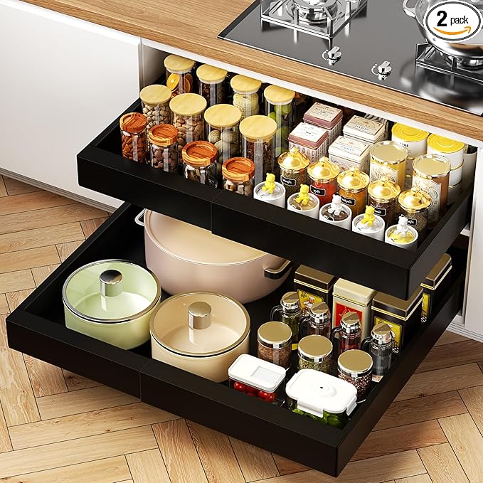 2Pack Expandable Pull Out Cabinet Organizer 21" Deep - Sliding Drawer Organizer Roll Out Shelves Adhesive - Adjustable Width 15.2"-26.2" W (Black)