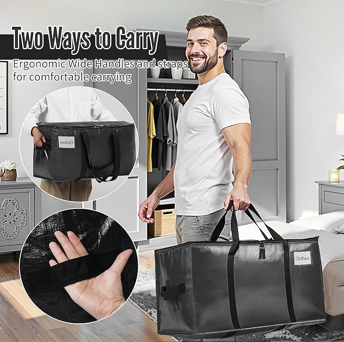 BAGAIL Heavy Duty Moving Bags with Strong Handle, Extra Large Moving Boxes, Storage Tote for Clothes, College Moving Supplies(Black, 6 Pack)