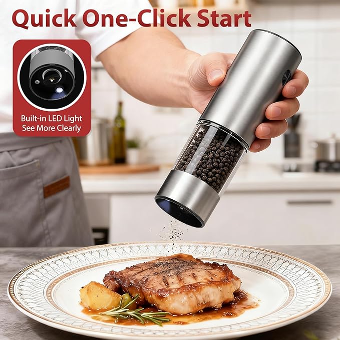 Electric Salt and Pepper Grinder Set with Rechargeable Base, 6 Adjustable Coarseness Levels, 95ml Large Capacity & Clear Container, Pepper Grinder Mill Electric with LED Light, 2Pack