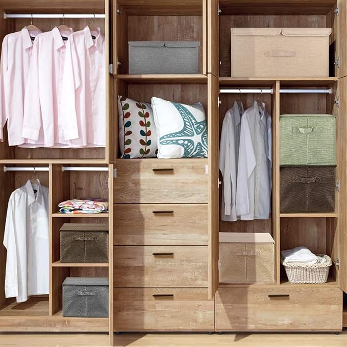 2 Pack Large Storage Boxes with Lids and Handles, Collapsible Linen Storage Bins Organizer Containers Baskets Cube with Removable Divider for Home Bedroom Closet Office (Cream, Small)