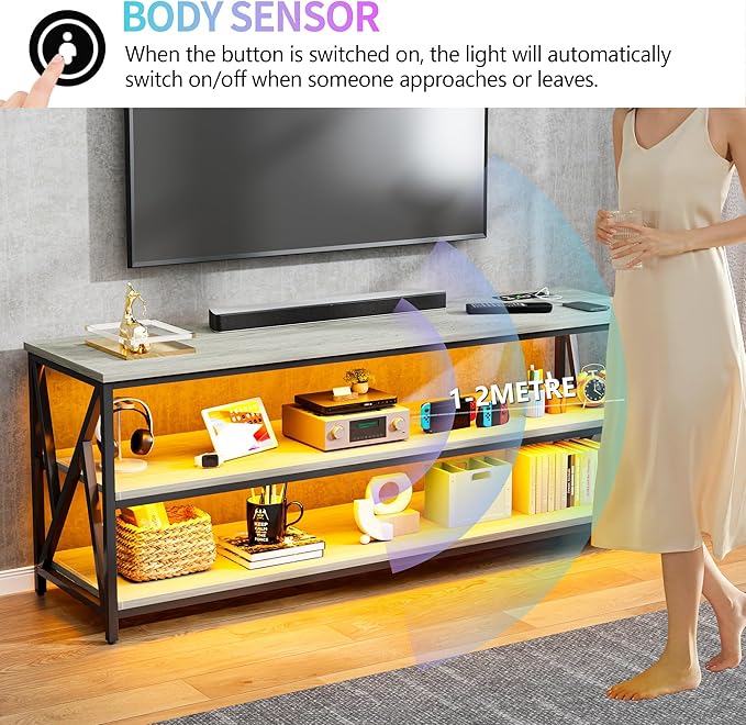 Lvifur RGB TV Stand up to 65''Televisions, TV Console Table with Wireless Charging Station,Entertainment Center with Human Body Sensor and Storage Shelves for Living Room，Bedroom(Oak)