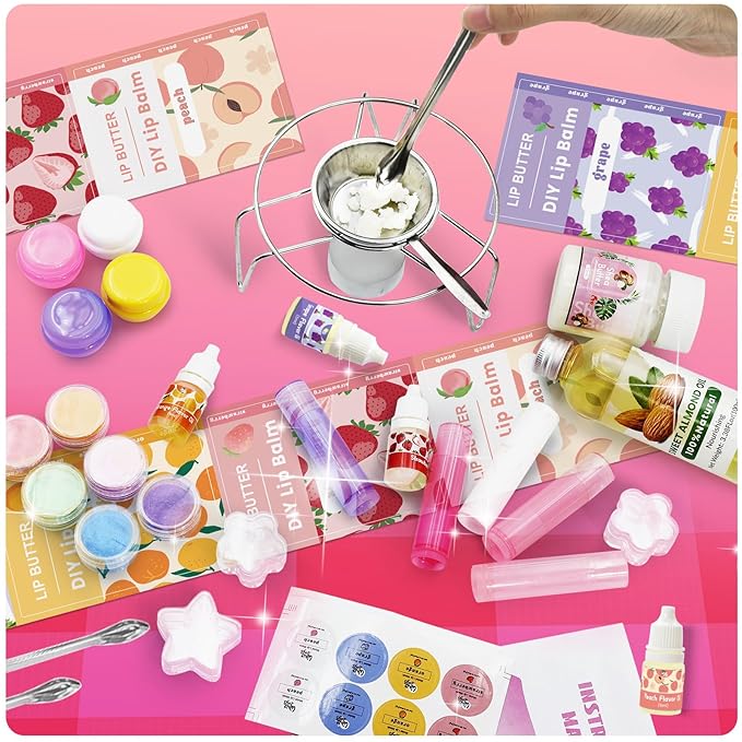 DIY Lip Balm Making Kit for Adults to Make Your Own Moisturizing Lip Balms with Natural Beeswax, Lip Base Oil, Essential Oil, Empty Lip Balm Tubes，Birthday Christmas Gift