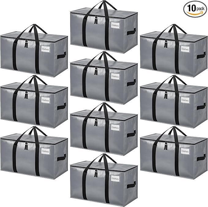 BAGAIL Heavy Duty Moving Bags with Strong Handle, Extra Large Moving Boxes, Storage Tote for Clothes, College Moving Supplies(Grey, 10 Pack)