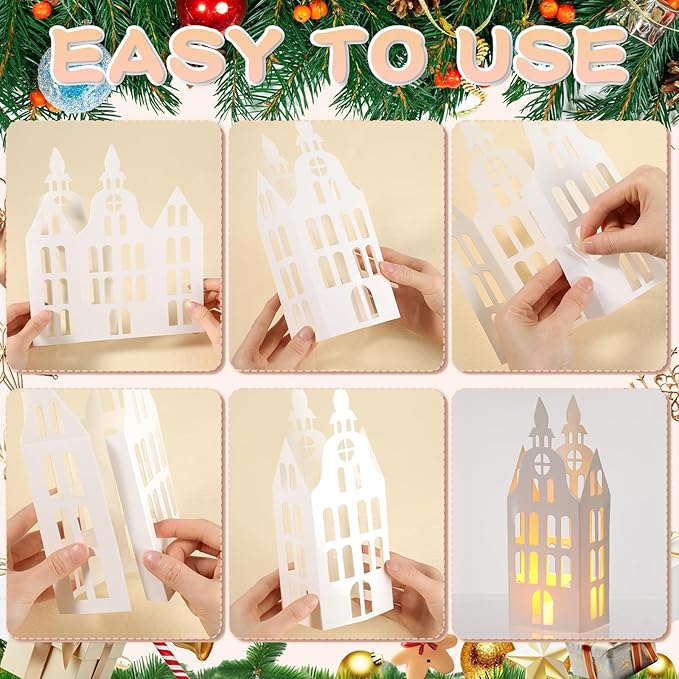Reallnaive 20 Pcs Large 8" Christmas Cardboard Village Houses Set Xmas DIY Village Houses with LED Candle Paper Home and Tree Figurine Scene Desktop Ornament for Home Party Decor(Retro,White)