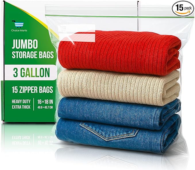 3 Gallon Storage Bags - 15 Count, Extra Strong And Super Durable, 2 Mil Thick, Leak-Proof Unique Zipper, Extra Large Storage Bags for Home & Travel