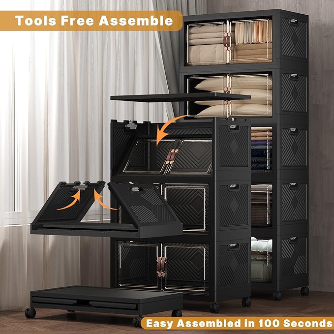 Extra Large Stackable Storage Bins with Lids & Wheels, Foldable Collapsible Closet Organizers Dark Storage Cabinet with Doors for Bedroom Dorm