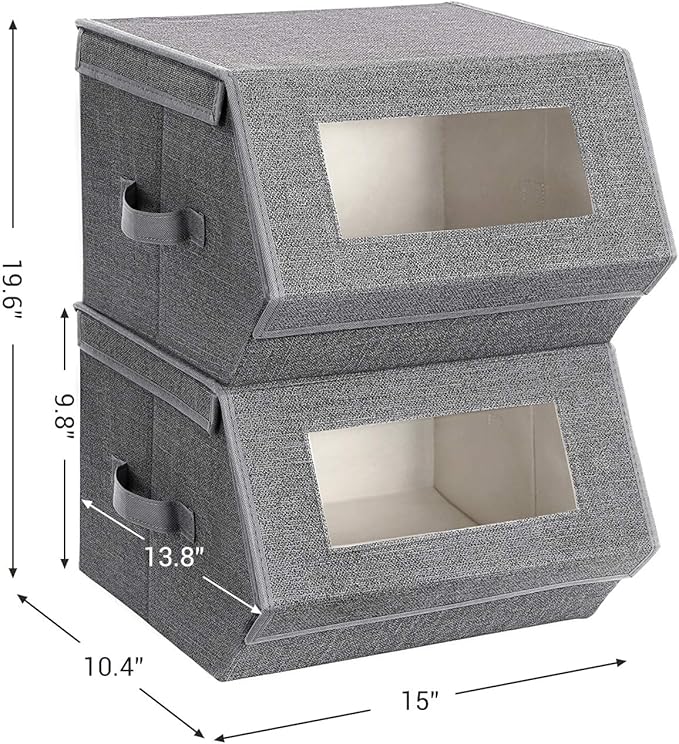 SONGMICS Stackable Storage Bins Set of 2, Storage Boxes with Lids and Front Windows, Non-Woven Fabric Closet Organizers with Magnetic Closures, Side Handles, Dark Gray URPLB02G
