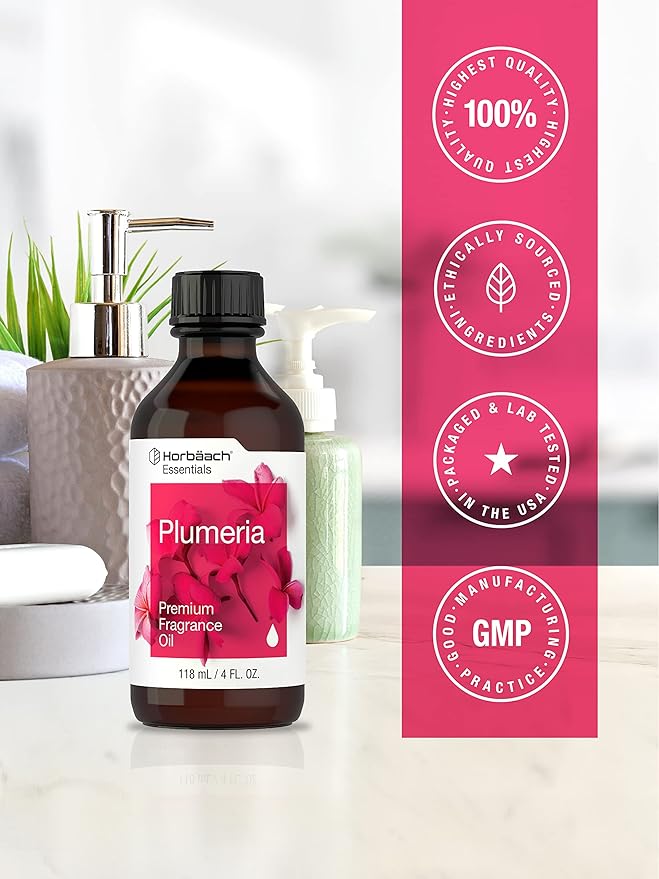 Horbäach Plumeria Fragrance Oil | 4 fl oz (118ml) | Premium Grade | for Diffusers, Candle and Soap Making, DIY Projects & More
