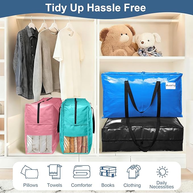 6PcsExtra Large Heavy Duty Moving Bags with Reinforced Zippers & Handles, 67L Waterproof Storage Tote Bag Bins Alternative to Box Moving Supplies Space Saving for Travel College Dorm Essentials Pink
