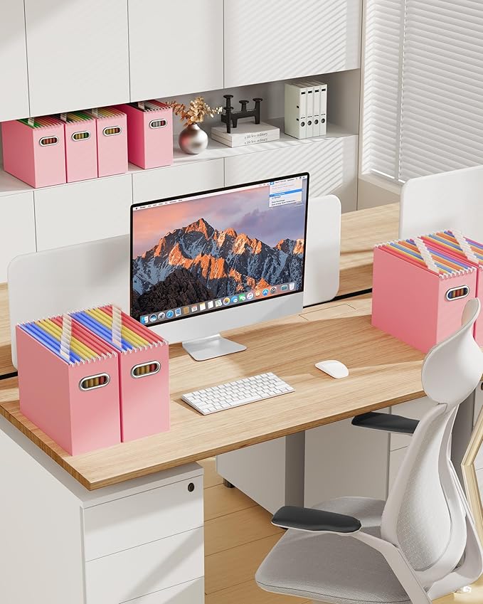 Oterri File Organizer Box, Portable Collapsible Cardboard File Folder Organizer with Handle for Letter Size Hanging Files, Document Storage Box for Home Office & Classroom (8 Packs, Pink)