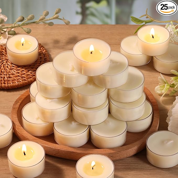 DEVI 6 Hour Soy Tealight Candles Bulk 25 Pack, Unscented Organic Tea Candles, White Emergency Votive Tea Lights-Burn Clean, Non-Paraffin Natural Soy Candle for Home Decor,
