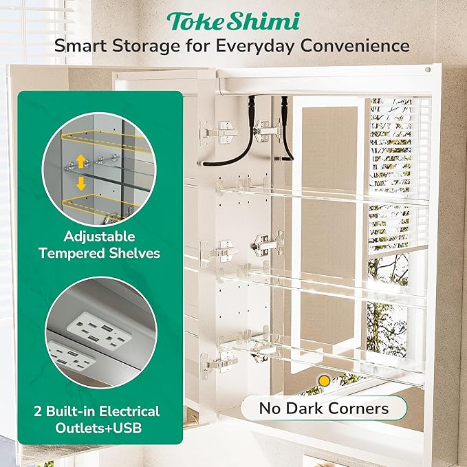 TokeShimi 24x32 Anti-Fog Led Medicine Cabinet Mirrored for Bathroom Surface or Recessed, Medicine Cabinet Mirror with Lights 3 Color Dimmable and Sockets, 2-Side Mirror with Storage UL-Listed Driver