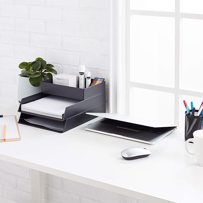Amazon Basics Rectangular Plastic Desk Organizer with Storage Trays, Accessory Tray for Office Supplies and Pen Holder, 9.4 x 6.7 x 2 inch, Black