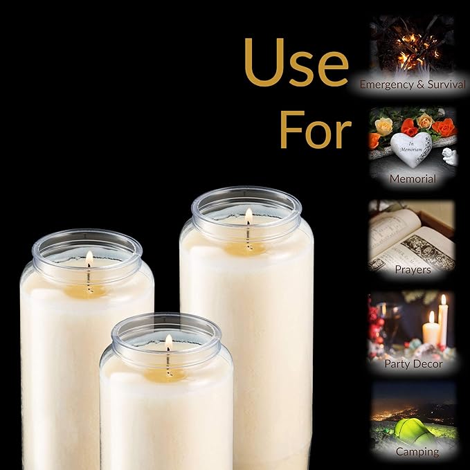 Tribello 6 Day Candles, 3 Pack | 6” White Pillar Candles for Memorial, Religious Ceremony, Party Decor, Emergency Survival | Unscented Slow Burning 100% Vegetable Wax in Plastic Jar Container