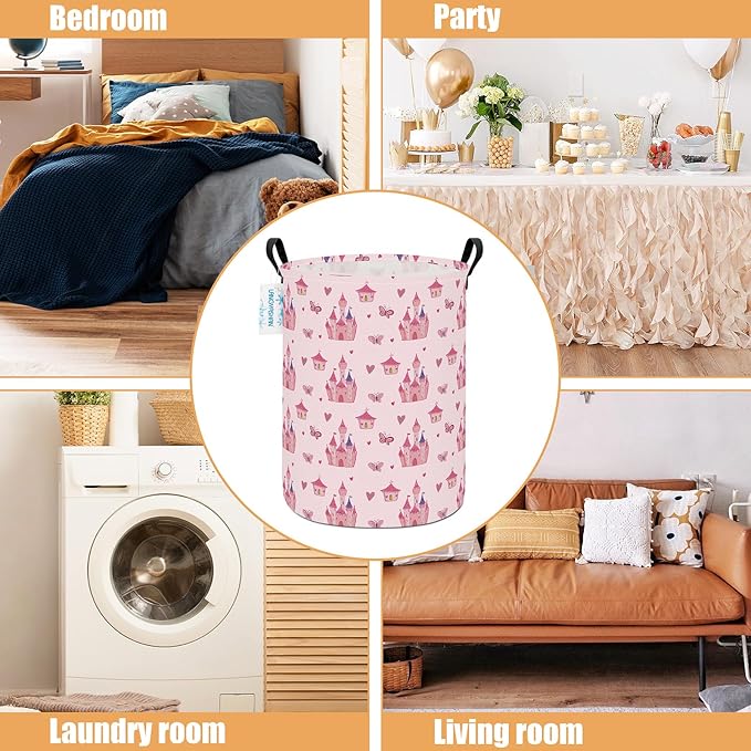 LANGYASHAN Girl Laundry Basket Canvas Fabric Collapsible Organizer Basket for Storage Bin Toy Bins Gift Baskets Bedroom Clothes Children Nursery Hamper (Pink Castle)