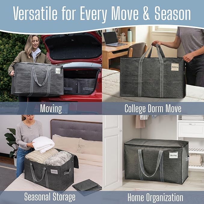 VENO 6 Pack Heavy Duty Moving Bags, Extra Large Storage Bags with Reinforced Handles & Strong Zippers, Foldable & Reusable Moving Box Alternative for Clothes & Dorm Storage