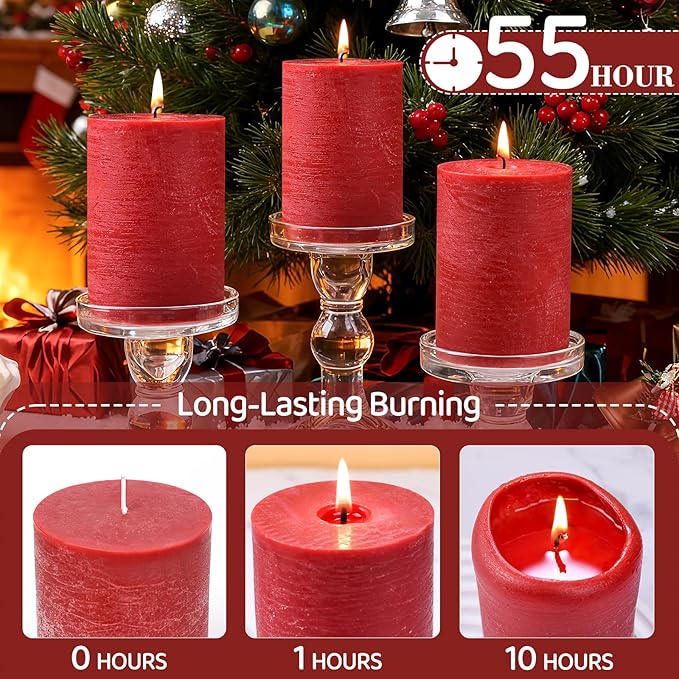 6 Pack Red Pillar Candles,Natural Soy Pillar Candles,330 H Long Lasting Burning 2.8x4in Unscented,Dripless and Smokeless Rustic Hand-Poured Candles Dinner Table,for Valentine's Day,Wedding,Home Decor