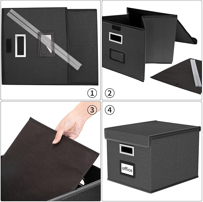 Huolewa File Organizer Boxes with Lids, Collapsible Linen Hanging Filing & Storage Boxes with Plastic Slide for Office/Decor/Home, Filling System for File/Folders/Document Storage -2 Pack