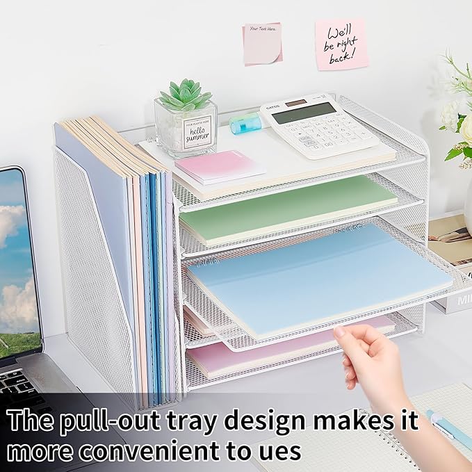 OPNICE Desk Organizer, 5-Tier Paper Organizer Letter Tray with Magazine Holder, Office Desk Accessories & Workspace Organizers, Desktop File Organizer for Office Supplies Storage, White