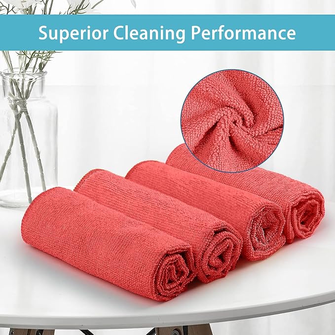 HOMEXCEL Red Microfiber Cleaning Cloth 100 Pack, Microfiber Towel for Cars, Lint Free, Scratch-Free, Highly Absorbent, and Cleaning Rags for House, Window and Glass, Cars, TV Screen 11.5 X11.5 inch