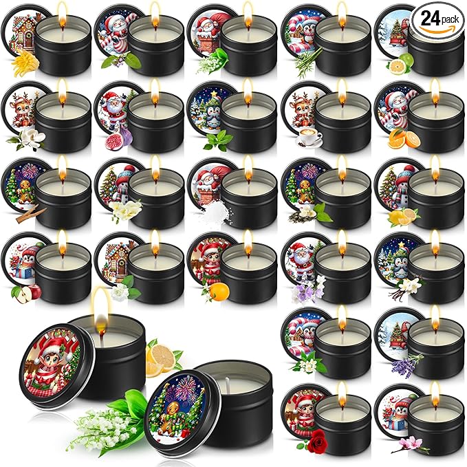 Nuanchu 24 Pack Christmas Scented Candles Gift Set Cartoon Candle for Her Him 2oz Natural Soy Wax Jar Long Lasting Aromatherapy Bulk Favors Set for Christmas Party Home Decor