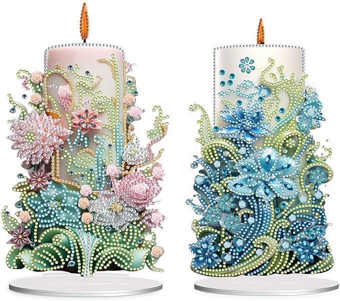5D Diamond Art Candle Ornaments Kits, DIY Christmas Flower Candle Diamond Art Painting Desktop Ornament, Special Shaped Crystal Diamond Art Painting Tabletop Home Office Decor-2PCS-A