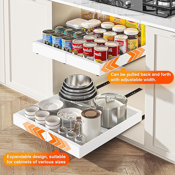 LEGUANG Expandable Pull-Out Cabinet Organizers (12.6-20.4" W x 16.54" D) - Upgraded 3 Quiet Slide Rails, Nano-Film Adhesive Fixing, White, Fit Kitchen/Living Room/Bathroom/Vanity