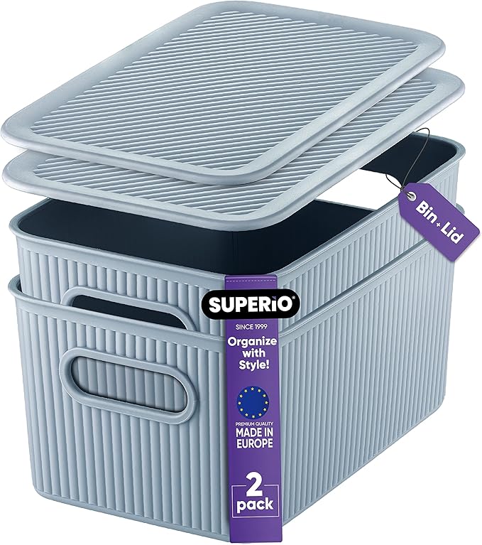 Superio Ribbed Collection - Decorative Plastic Basket Open Home Storage Bins Organizer, Blue Container Boxes for Organizing Closet Storage Bins for Shelves (Bin with Lid- Medium (5 Liter), 2 Pack)