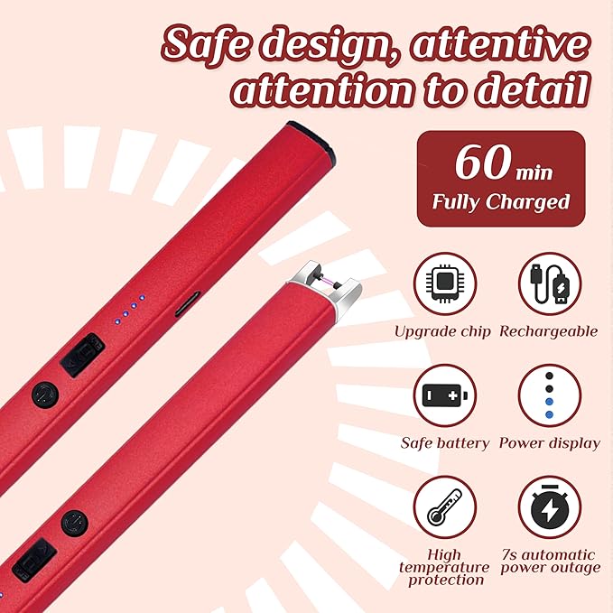 2 PCS Candle Lighter,Windproof Flameless Electric Lighter with LED Power Display ＆ Safety Switch, Upgraded Plasma USB Rechargeable Lighters for Birthday Camping BBQ （Red）