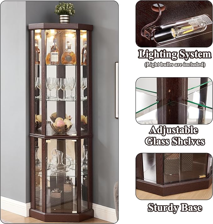 69" H Lighted Curio Cabinet Corner Display Case,Corner Glass Cabinets with Tempered Glass Door and Adjustable Shelves,Wooden Curio Cabinet with Mirrored Back Pane (Style 1 - Dark Cherry)