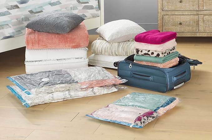 Whitmor 6-Pack Vacuum Storage Bags (12 Large + 6 Medium) - Airtight Double-Zip Seal, Clear Plastic for Travel & Home - Fits 4 Pillows or 1 Queen Bedding Set, Hand Pump Included