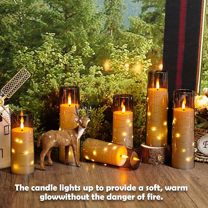 Sasigeiaa Flameless Candles with Embedded Star String - Battery Operated LED Candles, with Remote,12 Grey Flickering Candles for Christmas, Weddings, Home Decor & Party,(D 2.3"×H 5" 6" 7")