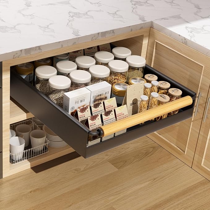 Pull Out Cabinet Organizer, 15.3'' Deep Expandable Slide Out Cabinet Organizer Fixed with Adhesive Nano Film, Slide Out Drawers Pull Out Tray for Cabinet in Kitchen, Pantry, Bathroom, Black