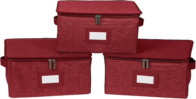 Covermates Keepsakes Zip-Top Storage Box Set, 3 Pack Heavy Duty Polyester Organizer Bins, Stackable Design, ID Window, Reinforced Handles, Closet Home Storage, Red Heather