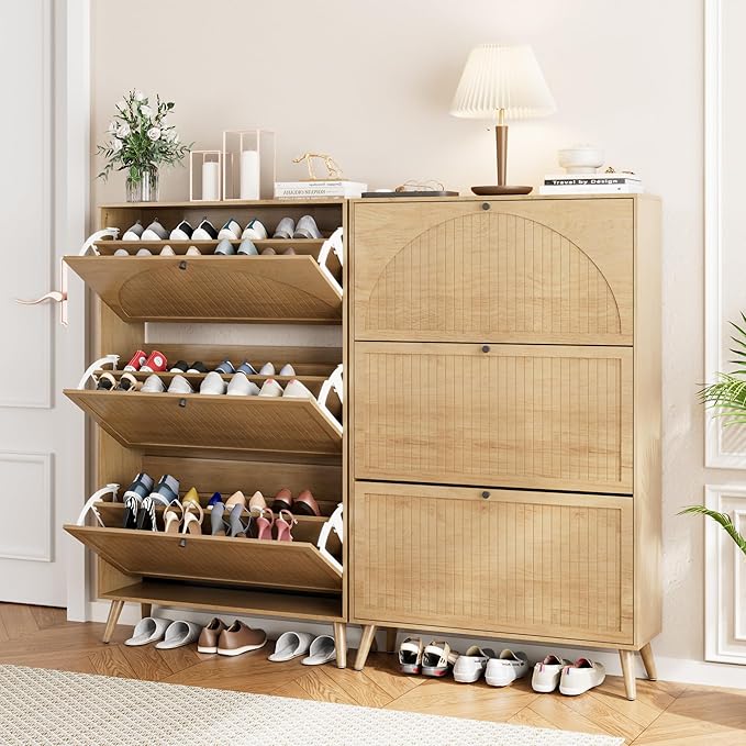 Fsbecl Shoe Storage Cabinet for Entryway with 3 Flip Drawers, Narrow Shoe Organizer with Fluted Panel, Freestanding Wood Hidden Shoe Cabinet for Hallway(Wood Color, 31.4''W, Double Layer)