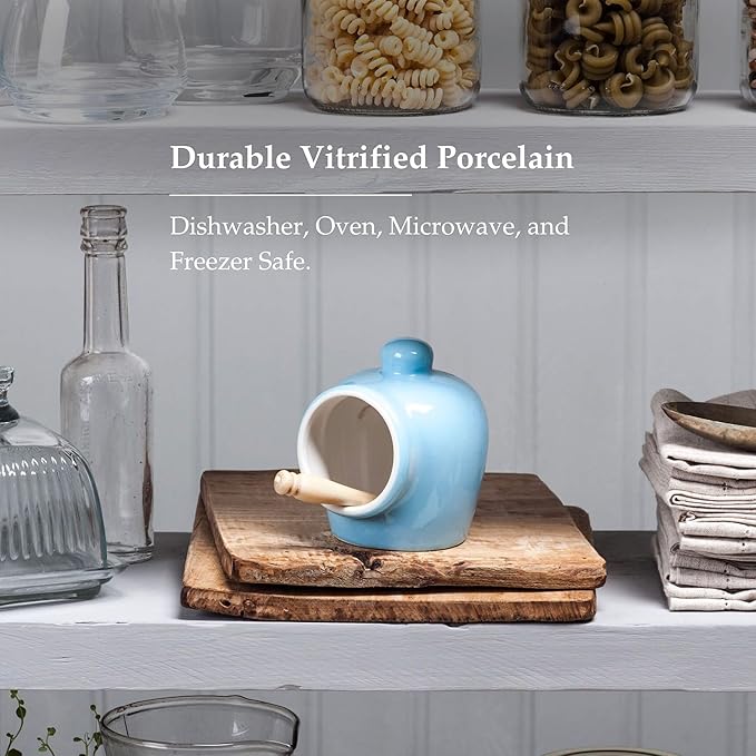 Wm Bartleet & Sons Traditional Porcelain Small Salt Pig with Wooden Salt Serving Spoon - Blue