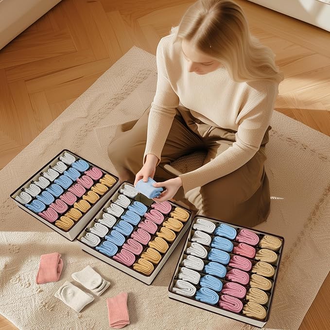 Joyoldelf Sock Drawer Organizer Divider Underwear Organizer 24-cell Fabric Dresser Drawer Organizers Storage Boxes for Socks Lingerie, Handkerchiefs, Ties 4 Pack (Beige)